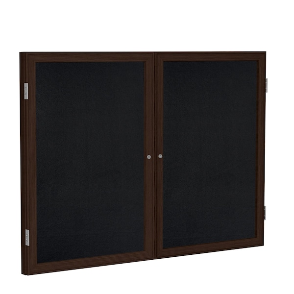 Enclosed Bulletin Board, 2 Door, Rcycl, Walnut Frame, 3 ft H x 5 ft W, Black
